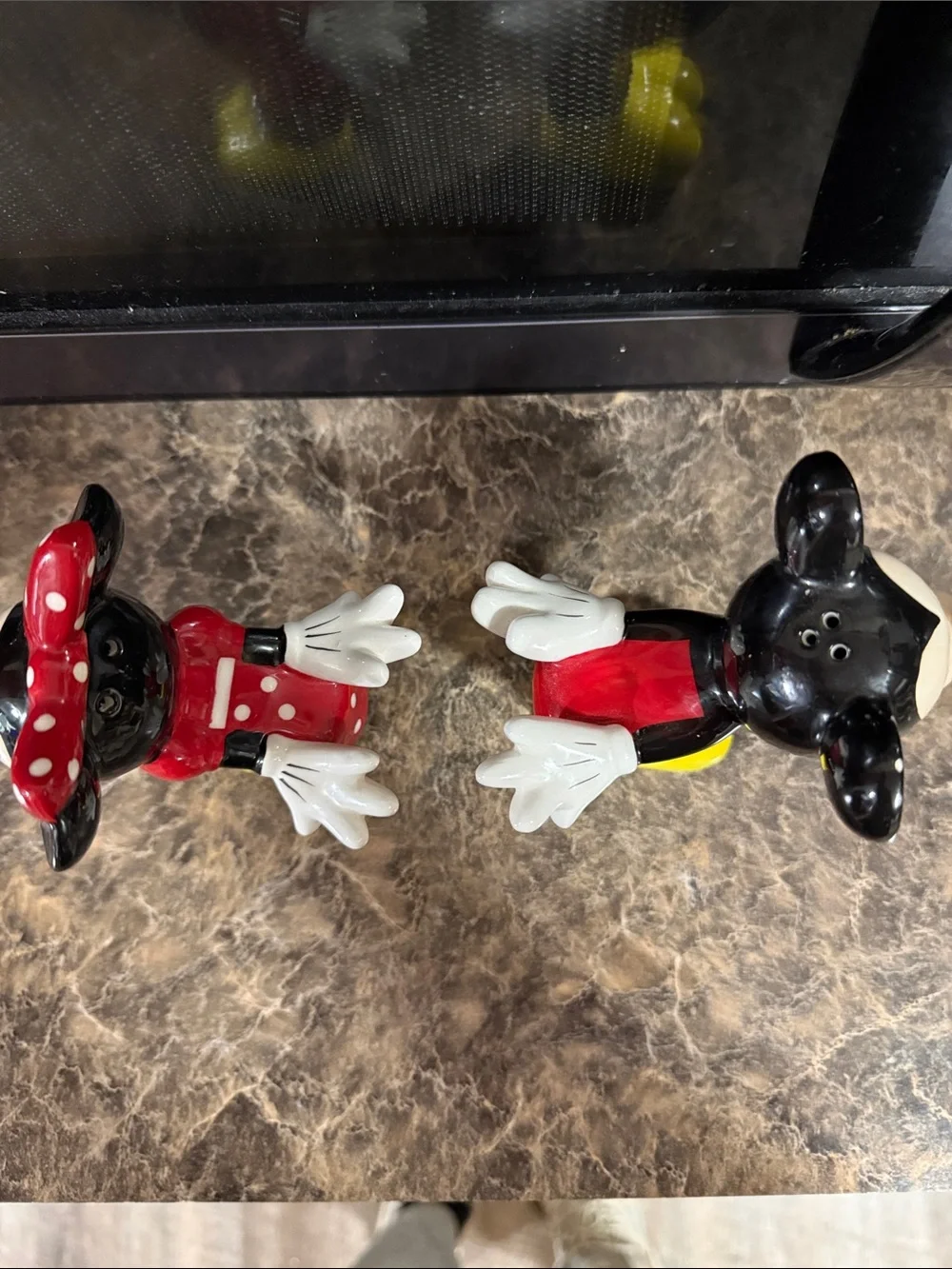Disney Minnie and Mickey Salt & Pepper Figurine Pair in Red, Black, Yellow